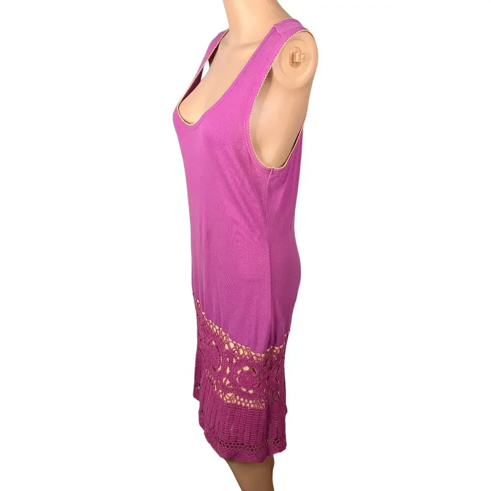 Vintage Y2K Moda International Crochet Knit Dress S Beige Ribbed Cotton Fairy